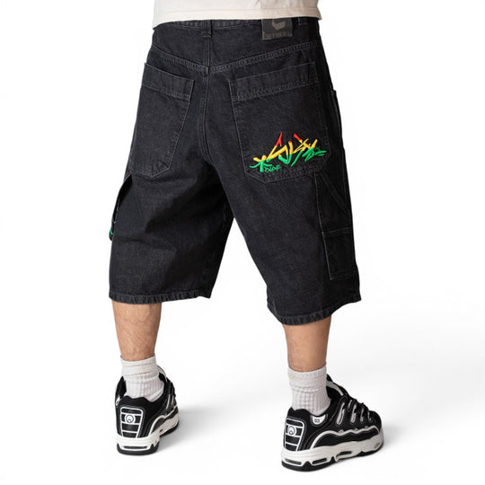 BERMUDA JEANS UOMO BLUESKIN BAGGY NERO HIP HOP RICAMO RASTA