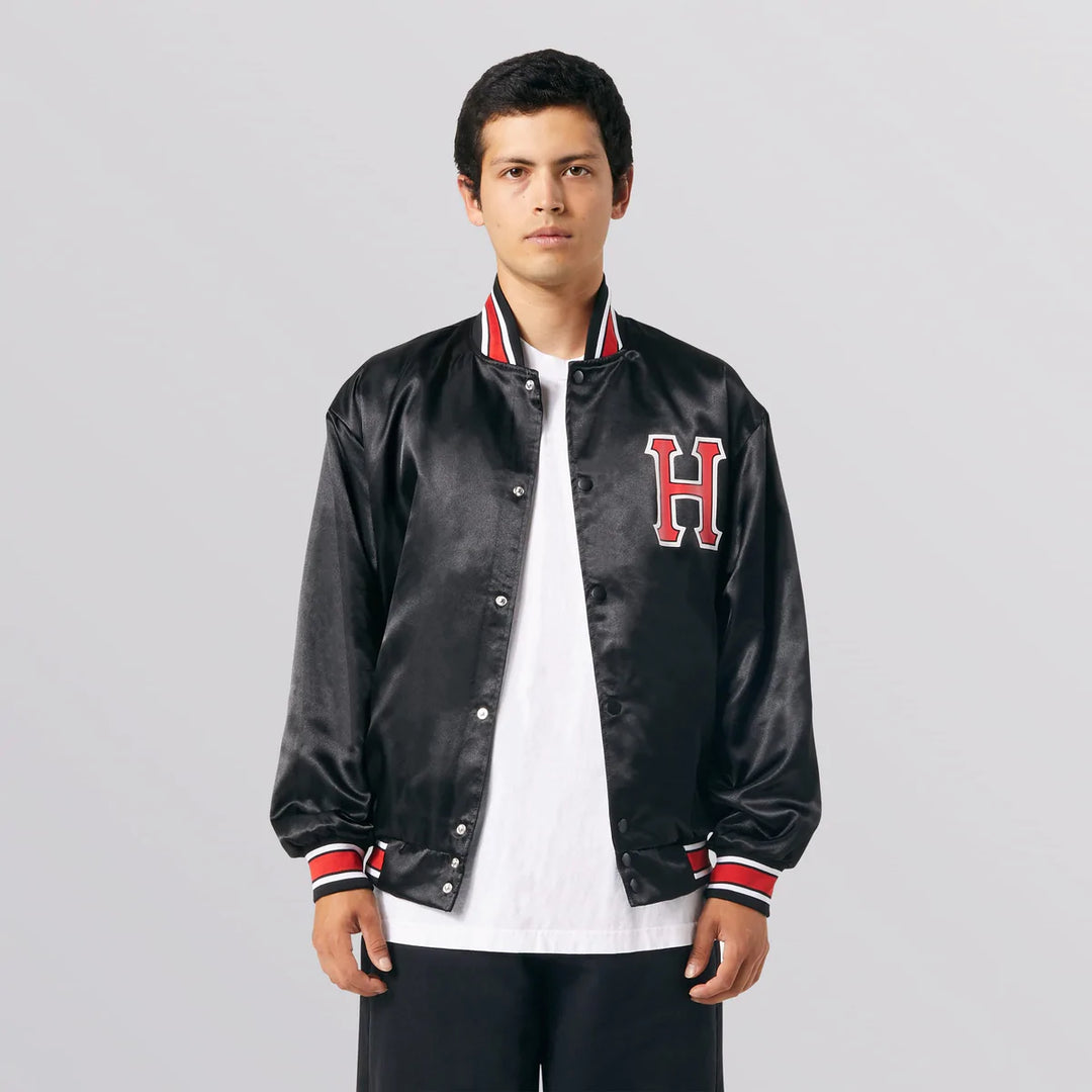Black satin baseball jacket deals